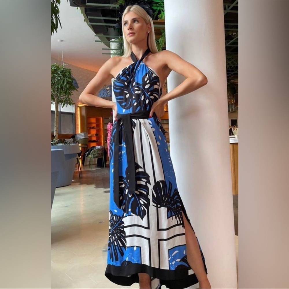 Reiss Erin Blue Palm Halter Midi‎ Dress NWT